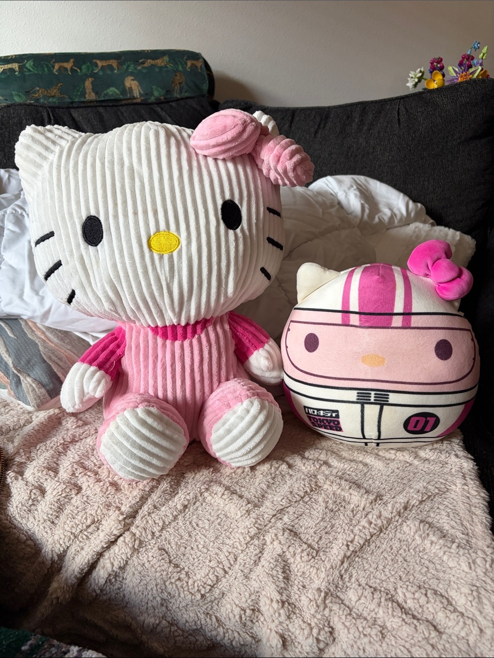 Hello Kitty Pink & White Corduroy Plush with Bow AND Hello Kitty Race Car Plush